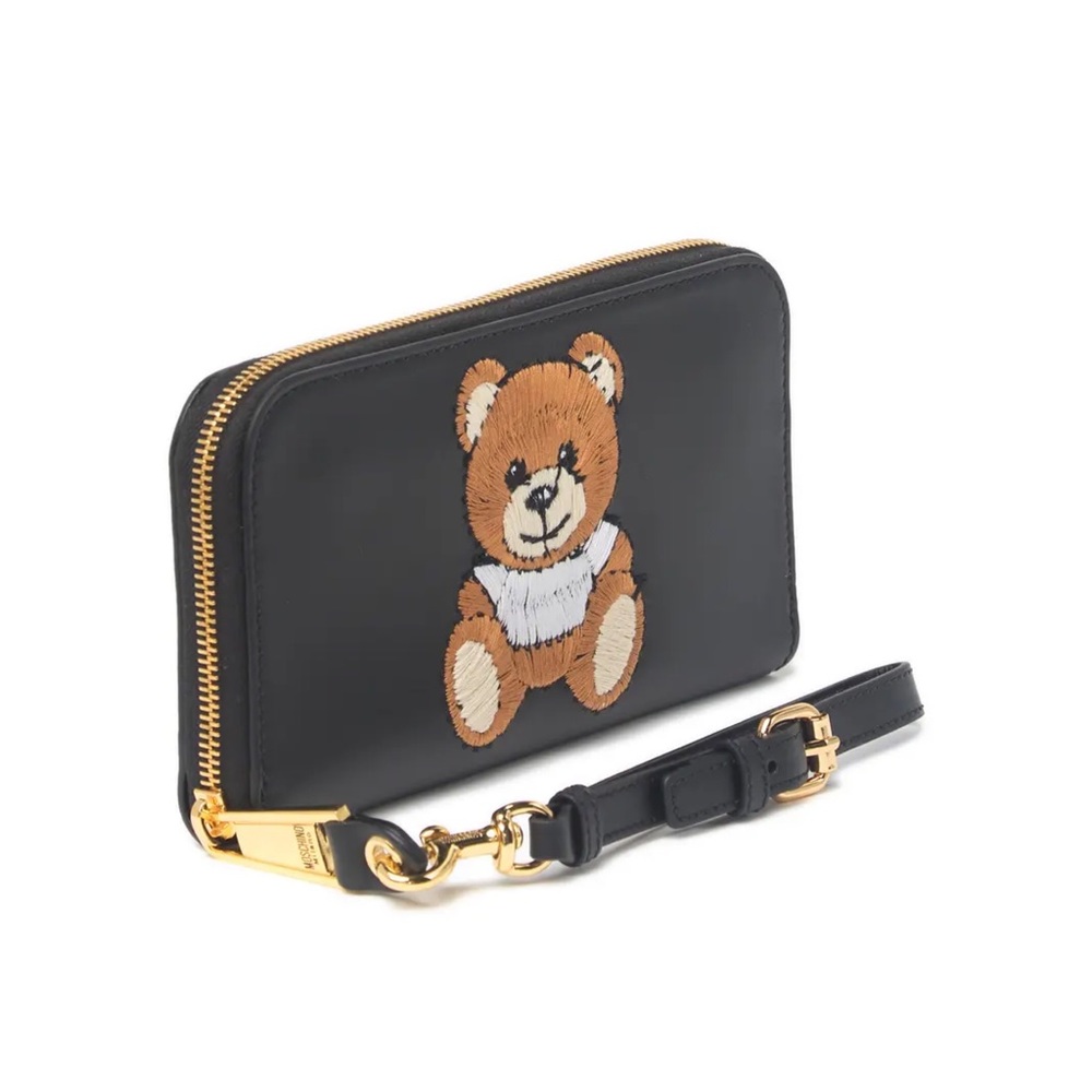 New Moschino Bear Logo Embroidered Leather Wristlet Continental Wallet - Picture 1 of 10